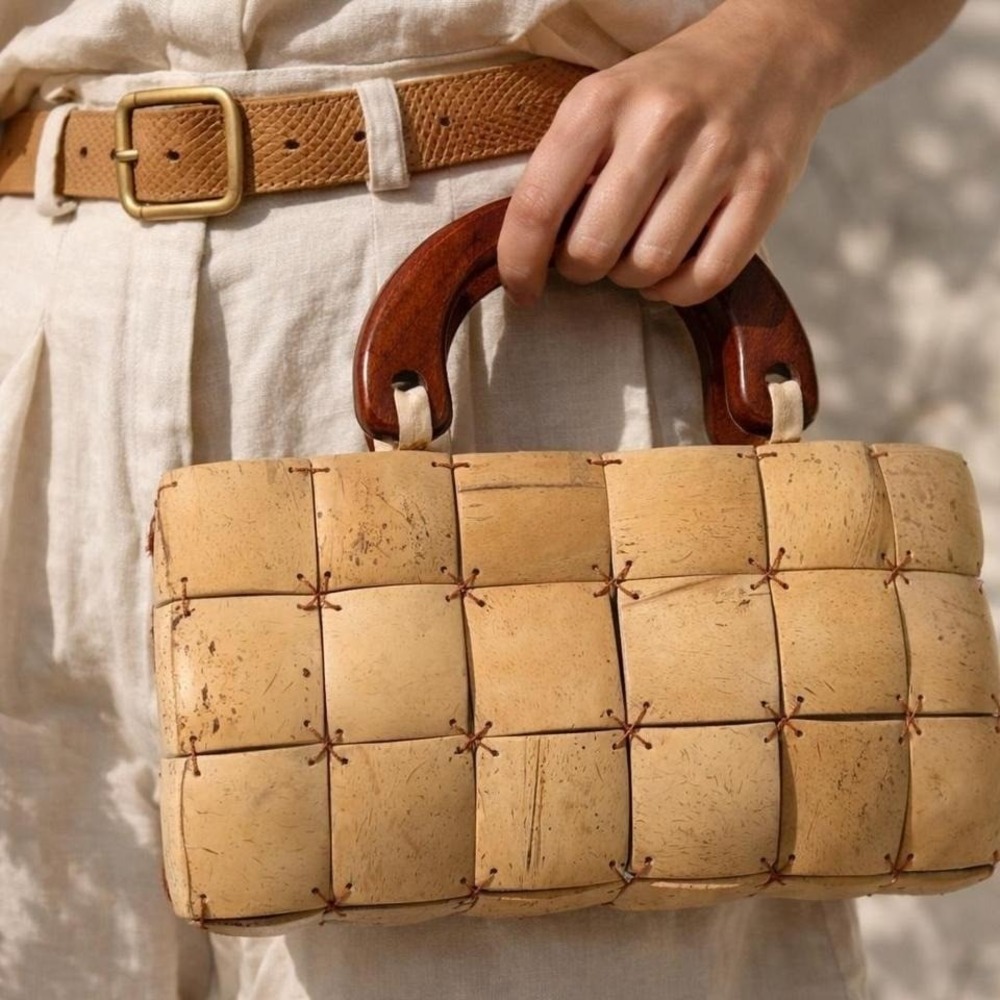 Vintage wooden tile handbag artisan stitched boho sculptural purse